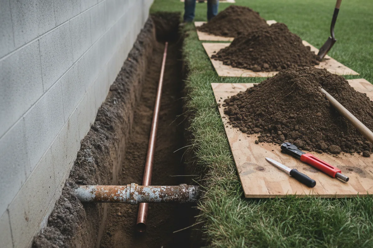 Excavated water line trench during Sewer Line Repair in Irving
